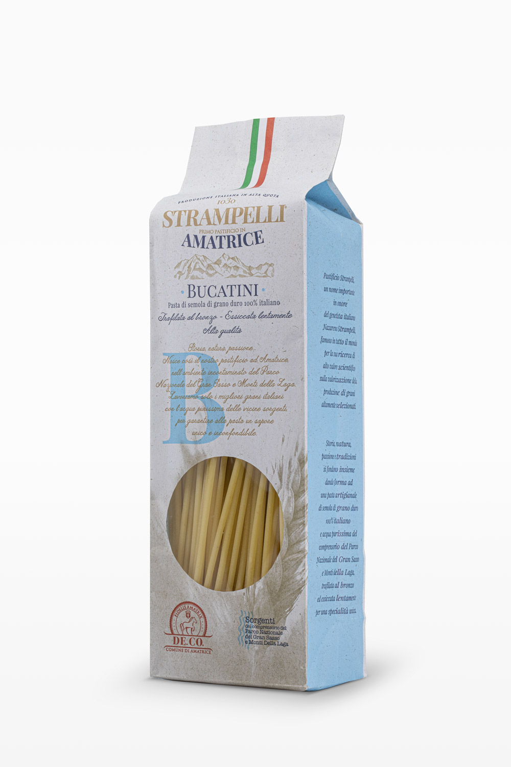 Bucatini - Pasta di semola di grano duro, ruvida e porosa, grano 100% italiano, essiccazione lenta a bassa temperatura.
