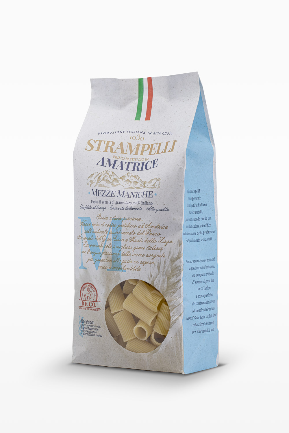 Mezze maniche - Pasta di semola di grano duro, ruvida e porosa, grano 100% italiano, essiccazione lenta a bassa temperatura.