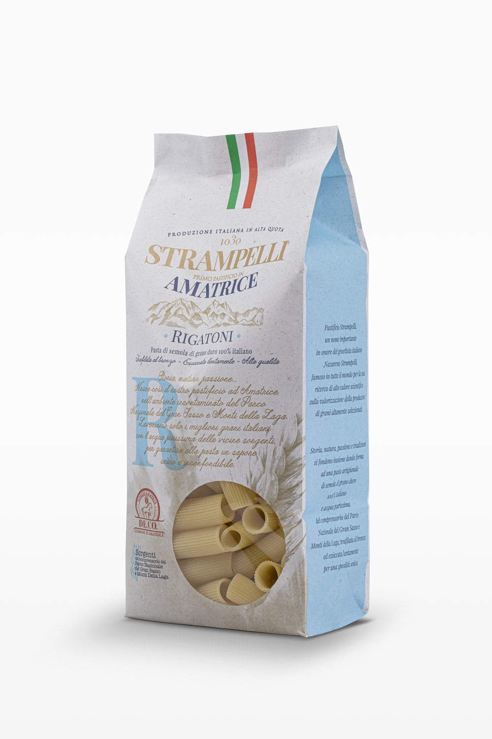 Rigatoni - Pasta di semola di grano duro, ruvida e porosa, grano 100% italiano, essiccazione lenta a bassa temperatura.