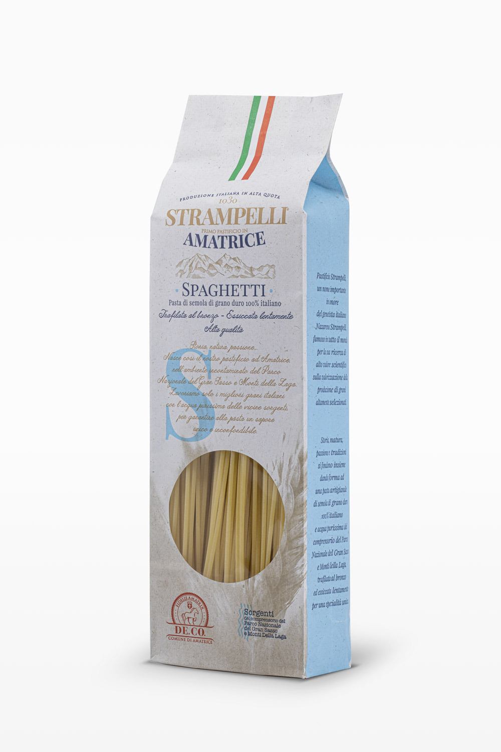 Spaghetti - Pasta di semola di grano duro, ruvida e porosa, grano 100% italiano, essiccazione lenta a bassa temperatura.