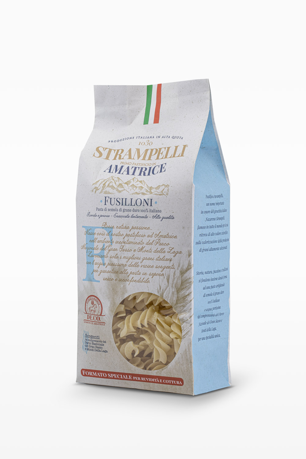 Fusilloni - Pasta di semola di grano duro, ruvida e porosa, grano 100% italiano, essiccazione lenta a bassa temperatura.
