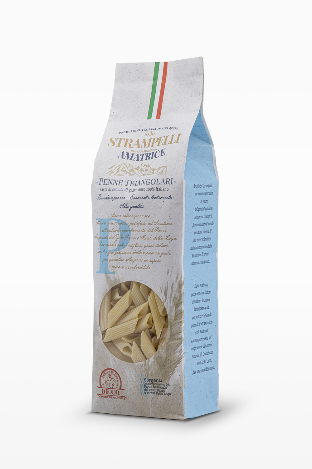Penne triangolari - Durum wheat semolina pasta, rough and porous, 100% Italian wheat, slow drying at low temperature.