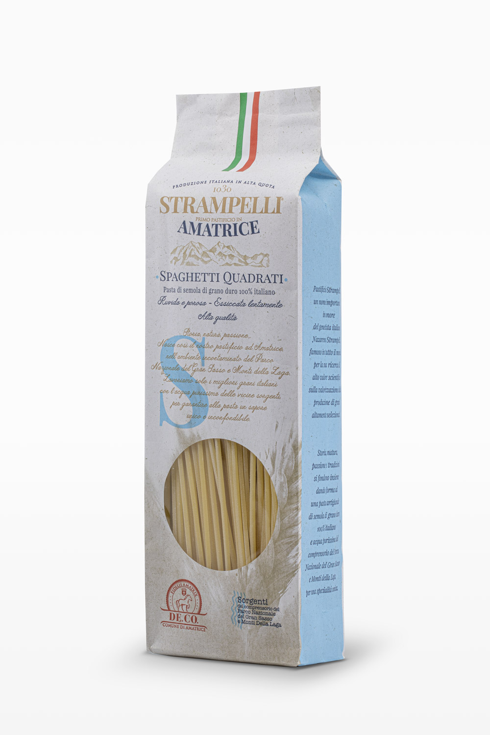 Spaghetti quadrati - Pasta di semola di grano duro, ruvida e porosa, grano 100% italiano, essiccazione lenta a bassa temperatura.